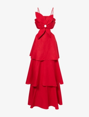 Farm Rio Womens Flower-appliqué Ruffled Linen-blend Maxi Dress Red