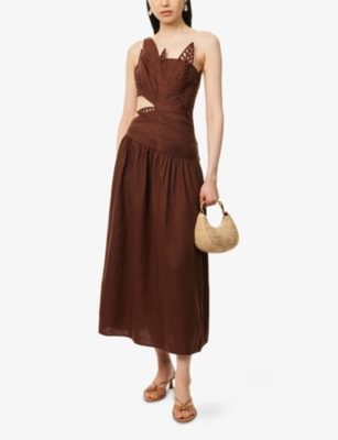 Shop Farm Rio Womens Burgundy Leaves Cut-out Linen-blend Midi Dress Xs
