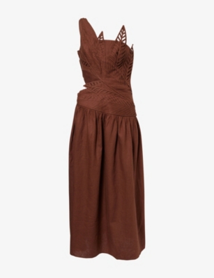 Shop Farm Rio Womens Burgundy Leaves Cut-out Linen-blend Midi Dress Xs