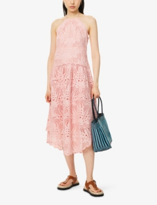 Farm Rio Womens Blush Pink Palm Tree Embroidered Cotton Midi Dress