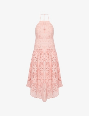 Farm Rio Womens Blush Pink Palm Tree Embroidered Cotton Midi Dress