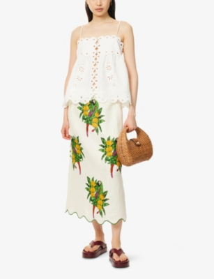 Farm Rio Womens Off-white Flowers Richelieu Embroidered Linen Top