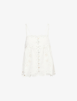 Farm Rio Womens Off-white Flowers Richelieu Embroidered Linen Top