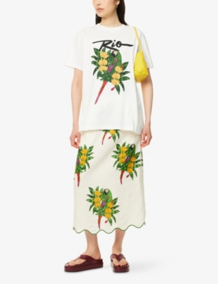 FARM RIO WOMENS MARACANA BIRD PEARL GRAPHIC-PATTERN SCALLOPED LINEN MIDI SKIRT XS 