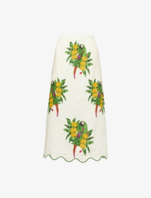 FARM RIO WOMENS MARACANA BIRD PEARL GRAPHIC-PATTERN SCALLOPED LINEN MIDI SKIRT XS 