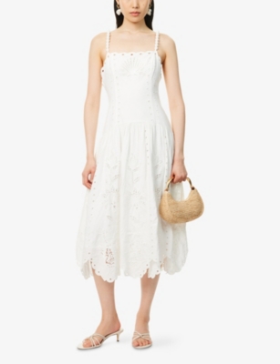 FARM RIO: Richilieu Embroidered Linen-Blend Midi Dress