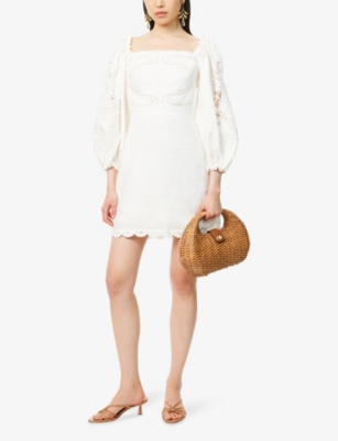 FARM RIO: Embroidered Balloon-Sleeves Linen Mini Dress