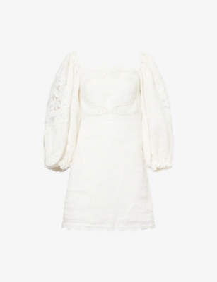 FARM RIO: Embroidered Balloon-Sleeves Linen Mini Dress