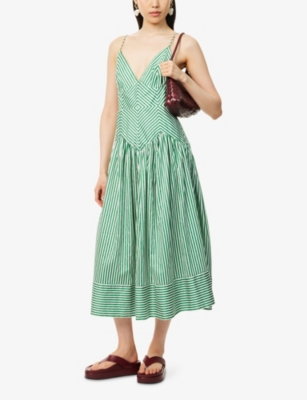 Shop Farm Rio Womens Striped V-neck Cotton-poplin Midi Dress Bicolor Stripes