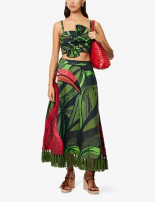 FARM RIO: Coconut Tree Flow Embroidered Linen Midi Skirt