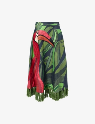 FARM RIO: Coconut Tree Flow Embroidered Linen Midi Skirt