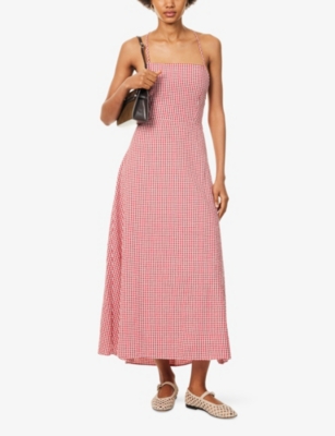 POSSE WOMENS RED GINGHAM LORI GINGHAM COTTON-POPLIN MIDI DRESS 