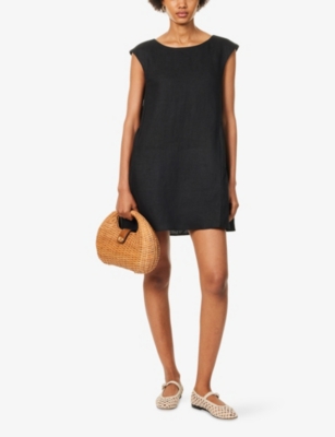 POSSE WOMENS BLACK MATILDA FLARED LINEN MINI DRESS 