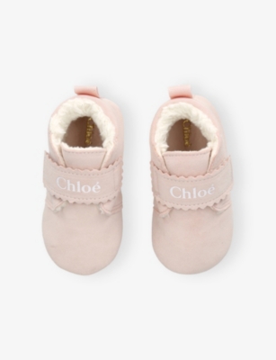 Chloé Pale Pink Baby Logo-print Suede Booties Eur 19 / 3 Uk In Pink
