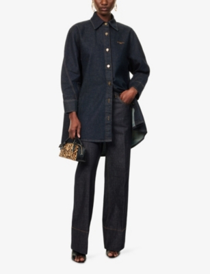 Givenchy Womens Dark Blue Logo-embroidered Longline Denim Overshirt In Blue