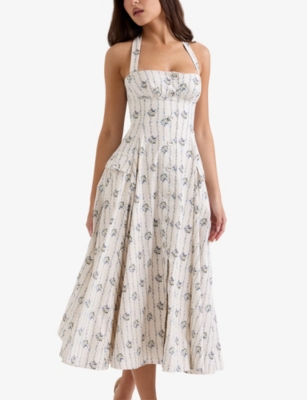 House Of Cb Of Cb Womens Claudia Daisy-print Stretch-cotton Midi Dress Diasy Stripe Cream In White