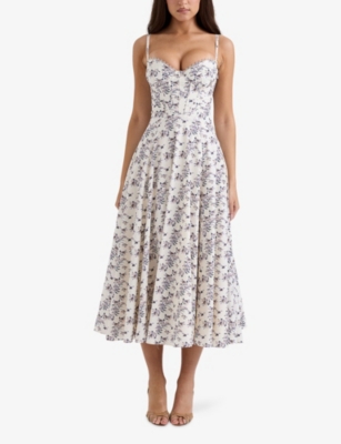 House Of Cb Of Cb Womens Steffani Floral-print Stretch-cotton Midi Dress Bee Floral Cream