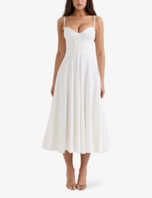 House Of Cb Womens White Broderie Milia Broderie-anglaise Stretch Cotton-blend Midi Dress