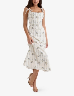 House Of Cb Of Cb Womens Dionne Corseted Stretch-cotton Midi Dress Daisy Stripe Cream