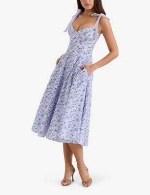Shop House Of Cb Of Cb Womens Bee Floral Blue Emely Floral-print Stretch-cotton Midi Dress Xs
