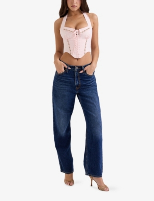 HOUSE OF CB: Demi Floral-Embroidered Stretch-Cotton Corset Top