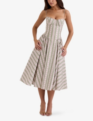 House Of Cb Of Cb Womens Mya Floral-print Stretch-cotton Midi Dress Stripe Floral Green In Gray