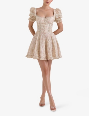 House Of Cb Of Cb Womens Cream Floral Print Melita Puff-sleeve Linen-blend Mini Dress