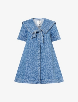Damson Madder Womens Leopard Blue Goldie Leopard-print Denim Mini Dress