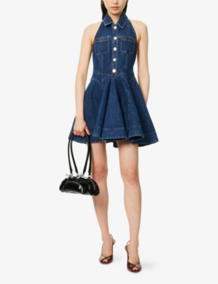 SELF-PORTRAIT: Pointed-Collar Flared Denim Mini Dress