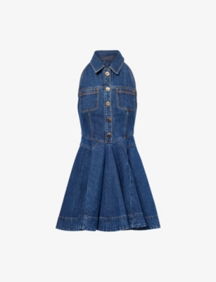 SELF-PORTRAIT: Pointed-Collar Flared Denim Mini Dress