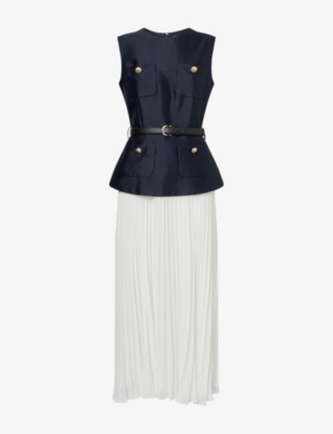 SELF-PORTRAIT: Pleated Sleeveless Woven Midi Dress