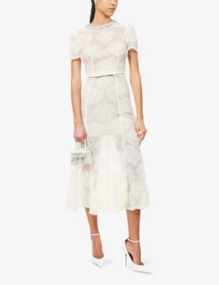 Self-portrait Cream Tulle Lace Midi Dress In White