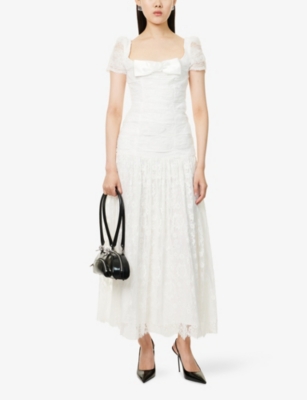 Self-portrait Womens Bow Gathered Laced Midi Dress White
