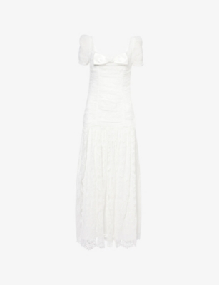 Self-portrait Womens Bow Gathered Laced Midi Dress White