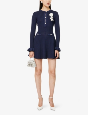 Self-portrait Perforated Knit Short Dress With Removable Lace Brooch In Blue