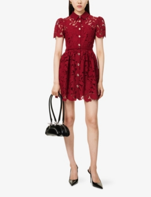 Self-portrait Womens Embroidered Collared Lace Mini Dress Burgundy In Red