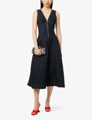Self-portrait V-neck Denim Midi Dresses In Blue