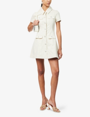 SELF-PORTRAIT: Collared Short-Sleeve Denim Mini Dress