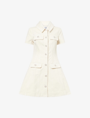 SELF-PORTRAIT: Collared Short-Sleeve Denim Mini Dress