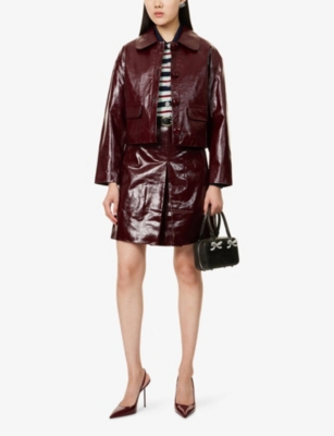 Shop Self-portrait Womens Burgundy Peter Pan Collar Boxy-fit Faux-leather Jacket