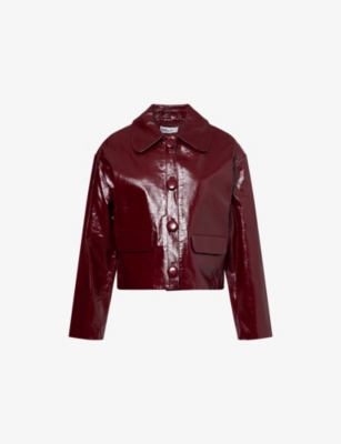 Shop Self-portrait Womens Burgundy Peter Pan Collar Boxy-fit Faux-leather Jacket