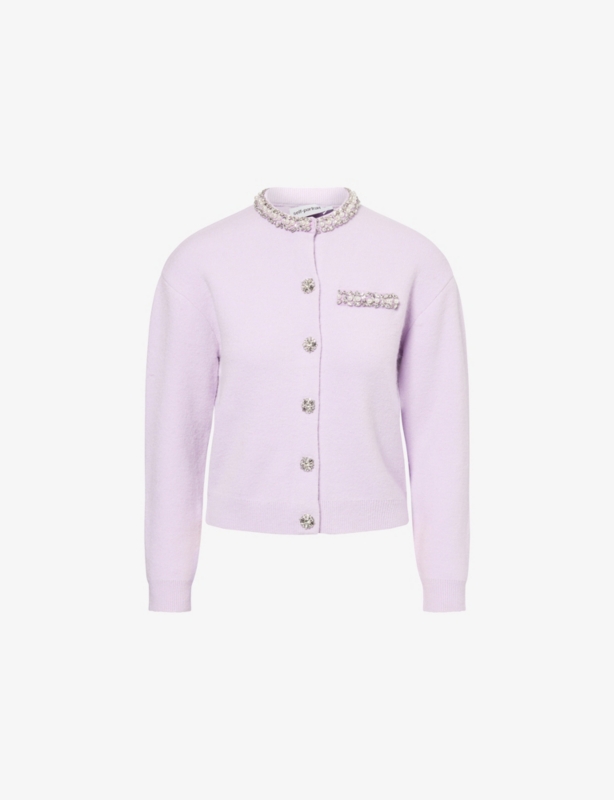 Round-Neck Crystal-Embellished Knit Cardigan