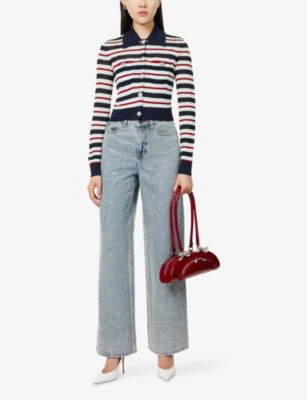 Self-portrait Navy Striped Viscose Knit Sweaters And Cardigans Multicolor