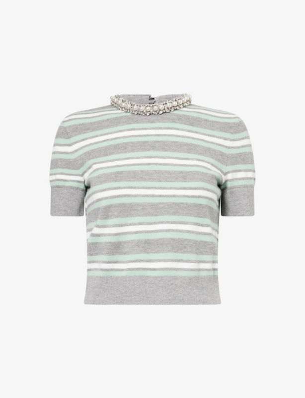 Crystal-Trim Stripe Wool-Blend Knitted Top