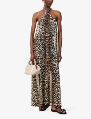 GANNI: Leopard Halterneck Woven Midi Dress
