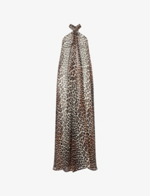GANNI: Leopard Halterneck Woven Midi Dress