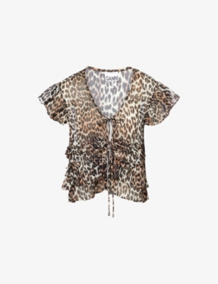 GANNI: Leopard Ruffled Woven Top
