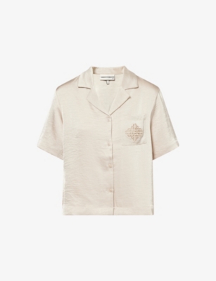 The Couture Club Womens Beige Emblem Short-sleeve Satin Shirt