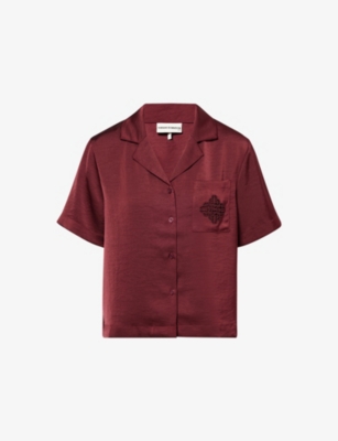 The Couture Club Womens Burgundy Emblem Short-sleeve Satin Shirt