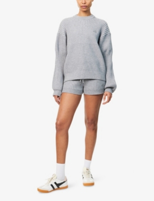 The Couture Club Womens Grey Marl Emblem-appliqué Ribbed Knit Shorts